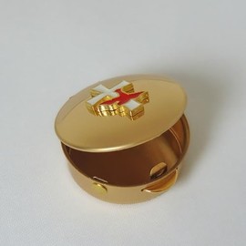 Abbey + CA Gift Communion Pyx Box with Dove Cross Stamped Lid, Polished Brass Catholic Host Holder, 1 ½”, Holds 6-9 hosts
