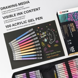 ZSCM 100 Colors 3D Acrylic Gel Pens & Black Paper Sketchbook for Drawing, 1mm Fine Point Acrylic Ink Pen, Opaque Archival Ink Pens for Black Paper Drawing, Sketching, Illustration, Card Making