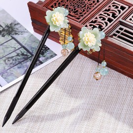 Yietxin 2 Pcs Wooden Chinese Hair Sticks for Long Hair, Vintage Retro Hair Chopsticks for Women Bun, Elegant Flower Tassel Chinese Hair Pins Chignon (Light Green)