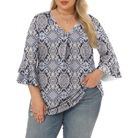 Rapbin 3/4 Sleeve T Shirts for Womens Plus Size Tops V Neck Boho Floral Print Tunic Top Business Casual Ruffle Half Sleeve Shirts (Navy Blue Ethnic Print XL)