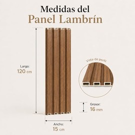 Lambrín Decorativo PVC Interior Acanalado Tipo Madera WPC, Panel para Pared 120 x 15 cm, 10 Piezas + 20 Clips, Cobertura 1.8 m², Color Cedro