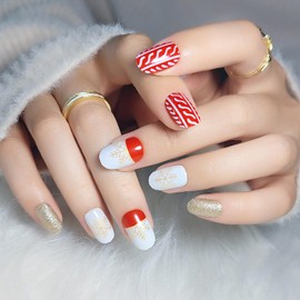 Christmas Press on Nails Short Square Fake Nails Glitter False Nails with Snowflase Designs Acrylic Nails Press ons Glossy Nails Full Cover Glue on Nails Christmas Stick on Nails for Women