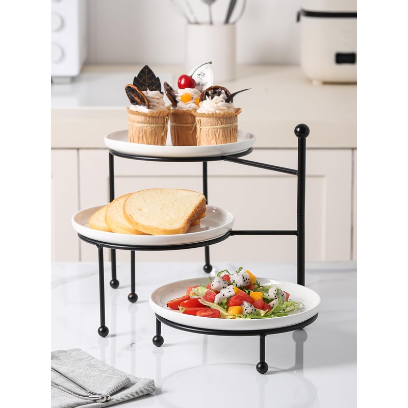 Kanwone 3 Tiered Serving Stand with White Porcelain Plates, Tiered