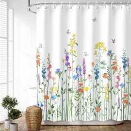 LIVILAN Floral Shower Curtain for Bathroom Flower Shower Curtain Watercolor Shower Curtain Colorful Butterfly Flowered Plant Wildflower Shower Curtain with Hooks, Machine Washable, 72''Wx72''H