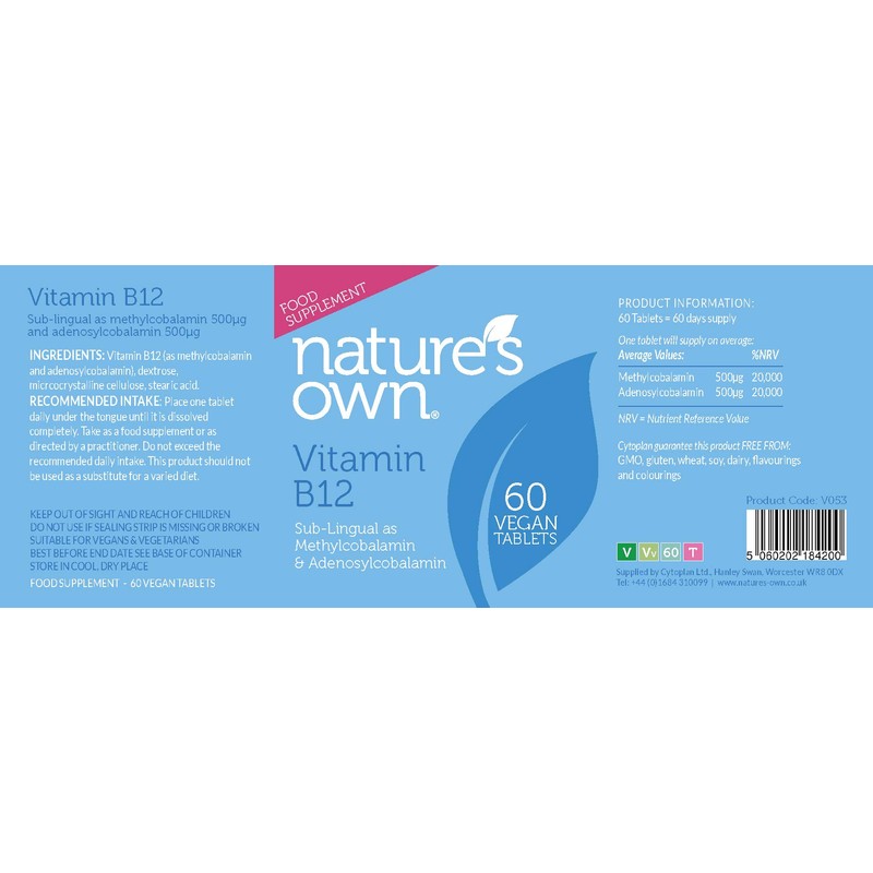 Nature's Own Vitamin B12 Sub-lingual as Methylcobalamin & Adenosylcobalamin (60