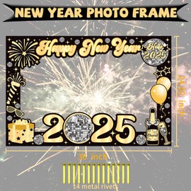 YQUQWN New Years Photo Booth Frame Large 36 Inch Black and Gold Disco Style 2025 Happy New Year Photo Booth Props Happy New Year Decoration 2025 New Years Eve Party Decorations Supplies