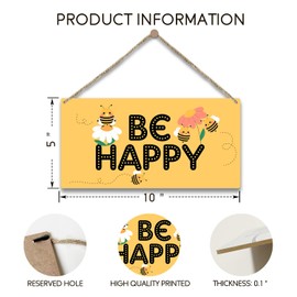 Be Happy Sign, Wood Door Hanging Plaque Shelf Decor, Home Farmhouse Rustic Bee Flower Door Decor Wooden Sign, Wall Art Kitchen Decor Porch Hallway Motivational Spring Summer Gift-40
