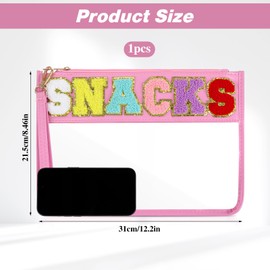 Chenille Letter Bag Clear Makeup Organizer Bag Water-Proof Travel Snack Pouch with Glitter Patch Letters Nylon Zipper Pouch for Travel Gym Beach(Pink)