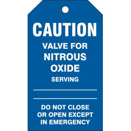 Accuform TDM640CTP PF-Cardstock Medical Gas Tag, Legend "Caution Valve for Nitrous Oxide Serving DO", 5.75" Length x 3.25" Width x 0.010" Thickness, White on Blue (Pack of 25)