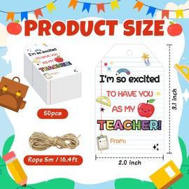 50Pcs Back to School Gifts Tags for Teachers with Strings First Day of School Teacher Gift Tag from Student Teacher Appreciation Favor Tag