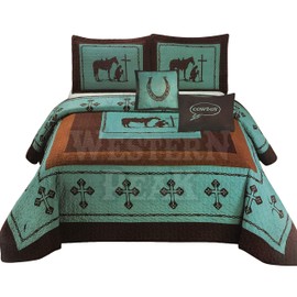 Western Peak 5 Pc Turquoise Western Home Quilt Bedspread Bedding Shams Comforter with Cowboy Horseshoe Pillows (Praying Cross, King)