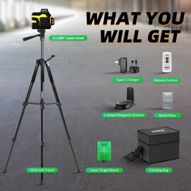 IKOVWUK Laser Level with Tripod, 3x360° Cross Line Laser for Construction and Picture Hanging, Level Tool with 5200 mAh Rechargeable Battery, Compact Adjustable 59.8-inch Tripod, Remote Control