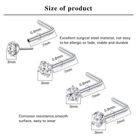 LAURITAMI Nose Piercing Spiral Nose Stud L Shaped Screw Set 20G Stainless Steel Nose Ring Nostril Piercing Silver Diamond, stainless steel