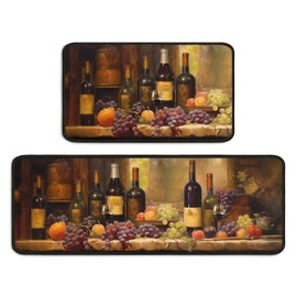 BOOWEATS 2 Piece Red Wine Kitchen Rug Set, Wine Glasses Kitchen Rugs and Mats Non Skid Washable Absorbent Microfiber Kitchen Floor Decor Mat 17"x47"+17"x30"