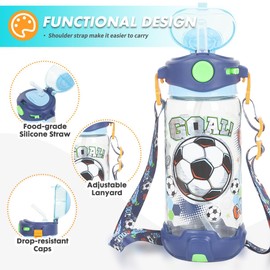 PinkSheep Kids Water Bottle with Straw/Lanyard, 650ml Child Drinking Water Bottle, BPA Free Leak-Proof Locking Flip Lid for Kids Girls Boys School Sport Travel (Football)