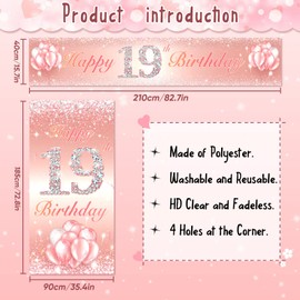 Happy 19th Birthday Door Cover Porch Long Banner Sign Set 19 Years Old Birthday Decoraions Party Supplies for Girls Rose Gold