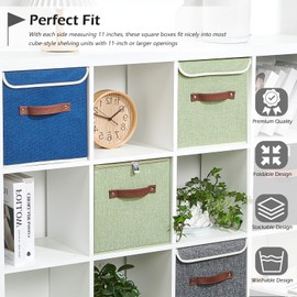 VinneGenzz 2PCS Storage Cubes with Lid Fabric Storage Bins Boxes PU Leather Handles Cotton Linen Closet Organizer Container Decorative Foldable Washable Shelf Cloth Basket (Zipper Lid, Green, 11in)