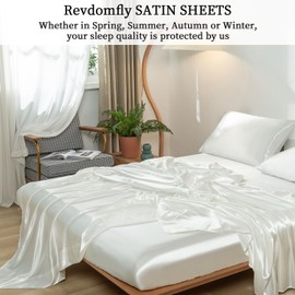 Revdomfly 3 Pcs Twin Size Luxury Silky Soft Cream Satin Sheet Set,1 Premium Moisture Wicking Fitted Sheet Fits Up to 16 Inches Deep Pocket + 1 Flat Sheet + 1 Pillowcases（Cream, Twin）