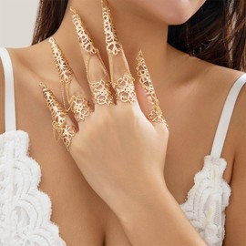 Gothic Finger Tip Claw Rings for Women Punk Nail Ring Vintage Hollow Pattern Fingertip Claw Ring with Chain Jewelry for Cosplay Drama Party Show (gold)