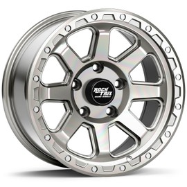 RockTrix RT116 17 inch Wheel Compatible with Jeep Wrangler JK JL 17x9 5x5 Wheels (-12mm Offset, 4.5in Backspace) 5x5 PCD, 71.5mm Bore, Silver Polished Wheels, Also fits Gladiator JT Rims