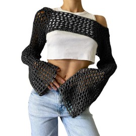 KEOMUD Women Mesh Crochet Crop Top Long Sleeve Hollow Out Cropped Knit Sweater Bikini Beach See Through Cover Ups Black Small