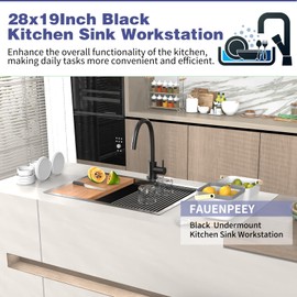 Black Kitchen Sink Workstation,28"x19" Stainless Steel Undermount Single Bowl Sink Built-in Ledge Drop In Workstation Sink For Placing/Sliding Accessories-Cutting Board,Drying Rack,Colander