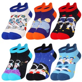 WEVIAS Kids Boys Ankle Socks No Show Funny Novelty Cute Cartoon Low Cut Toddler Cotton Socks 6 Pairs (6 Pairs Space, 6-8 Years)