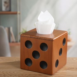 Honeydak Brown Wooden Dice Tissue Box Cover 5.9 x 5.9 x 5.9 Inches Christmas Decorative Wooden Cube Facial Tissue Cover for Living Room, Dinner Table, Bathroom, Office