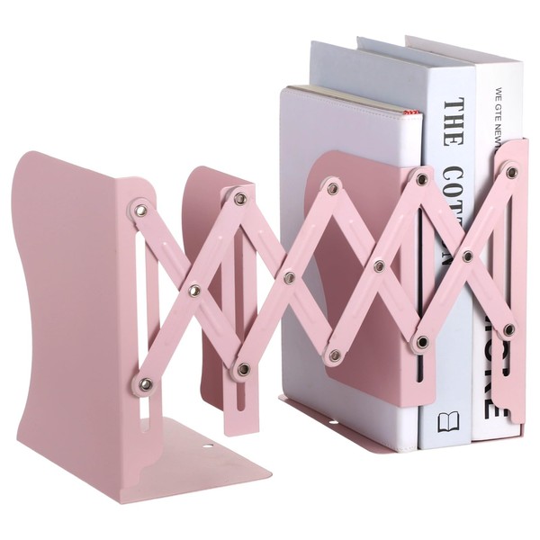 Expandable Metal Bookend, Pink Adjustable Book Organizer with Rustproof Coating,
