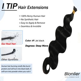 I Tip Hair Extensions Human Hair 18 inch Boby Wave I Tip Hair Extensions Real Human Hair Jet Black Pre Bonded Wave I Tip Hair Extensions