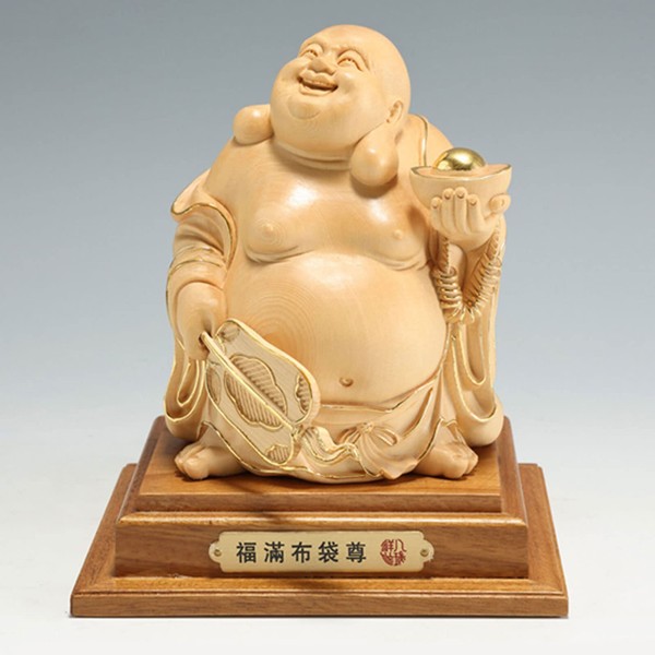 Buddha Statue, Wooden Carving, Hotei-like Figurine, High Quality Wood Carving (Height 5.9 inches (15 cm) x Width 4.3 inches (11 cm), Money Luck, Amulet