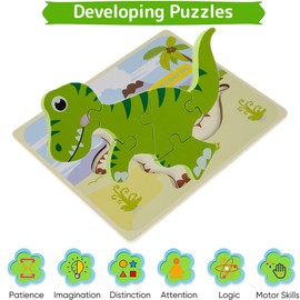 4Pcs/6Pcs Dinosaurs Wooden Puzzles for Kids Over 3 Years Old 3D Animal Wood Jigsaw Puzzles Montessori Toddler Game Set Early Learning Preschool Educational Toys Gifts for Kids Toddlers Boys Girl