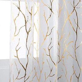 Gold Grey Sheer Curtains 96 Inches - Metallic Gold Foil Tree Branch Curtains Rod Pocket Privacy Voile Drapes for Living Room, 52 x 96 Inch, 2 Panels, Gold and Gray, by FINECITY
