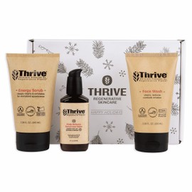 Thrive Natural Skin Care Sets - Holiday Getaway Set - Regenerative Skincare Gift Set in Limited Edition Holiday Gift Box - Face Scrub, SPF30 and Face Wash - Vegan & Cruelty Free