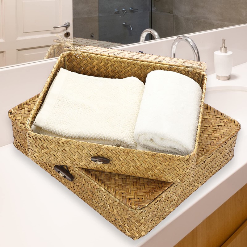 Hipiwe Set of 2 Flat Woven Wicker Storage Bins with