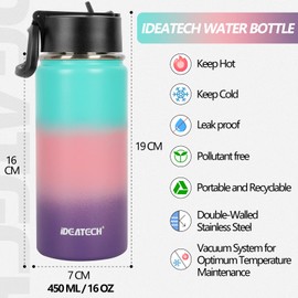 IDEATECH Kids Water Bottles, Stainless Steel Water Bottle Kids 450ML, Drinks Water Bottle With Straw for 12 Hours Hot & 24 Hours Cold Sports Water Bottle, Toddler Water Bottles for School