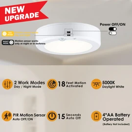 LIT-PaTH Battery Operated Motion Sensor Ceiling Light, 6.1inch 5000K Wireless Motion Light Indoor, 140 Lumens Battery Powered Cordless Lamps for Hallway Stair Laundry,2-Pack(Battery Not Included)