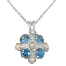 925 Sterling Silver Cultured Pearl & Blue Topaz Womens Vintage Pendant & Chain Necklace - Chain length 18