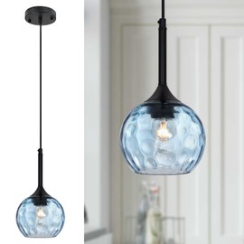 JHLBYL Blue Glass Pendant Light fixtures, Mini Glass Pendant Light Kitchen Island with Hammered Glass Modern Hanging Light Fixture for Kitchen Sink Dining Room Bathroom