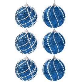 6 Christmas Baubles 8 cm, Glitter Design, 6 Colours to Choose From (Red, Gold, Silver, Blue, Champagne, Rose Gold) High Quality Shiny Decoration for Christmas Tree, Christmas Decoration, Plastic