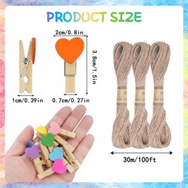 CUWELT 150pcs Mini Wooden Heart Pegs Colourful, Colored Wooden Heart Pegs with 30M Jute String, Wood Heart Clips for Crafts Wedding Party Decorative Photo Paper Wall DIY