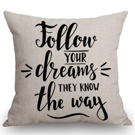 SSOIU Follow Your Dreams They Know The Way Inspirational Quote Decorative Throw Pillow Covers Cotton Linen Pillow Cases 18" x 18" for Home Decor