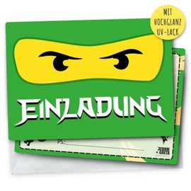 12 x Invitation Cards with Matching Envelopes for Children's Birthday Parties etc. - Card Set with Green Ninja - Lloyd Motif - Cartoon Theme