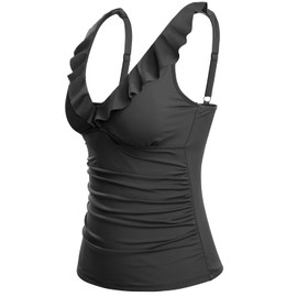 Women's Underwire Tankini Top Only - Tummy Control Bathing Suit Top Ruffle Swimsuit 2025 Black XXL
