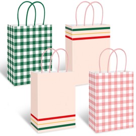 FYSUIMU 24Pcs Gingham Camp Paper Bag Pink Green Plaid Treat Bags with Handles Candy Goodie Bags for Birthday Baby Shower Bachelorette Party Favors Supplies
