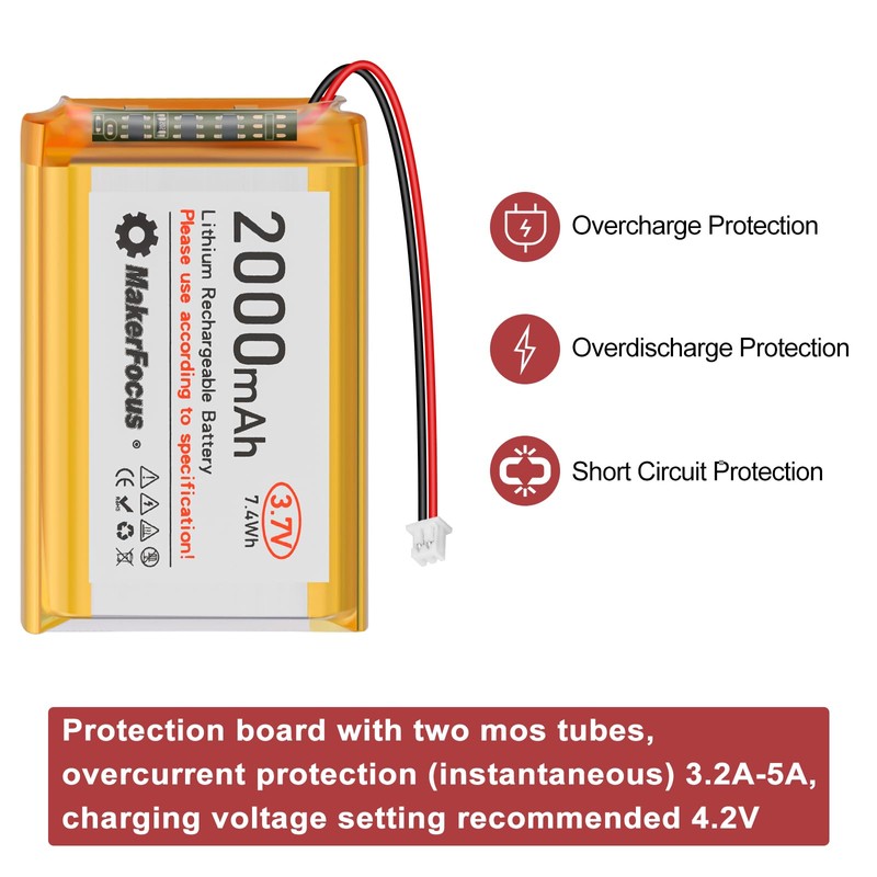 MakerFocus 1pcs 3.7V 2000mAh 7.4Wh Lithium Polymer Rechargeable Battery 1S