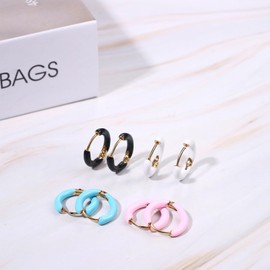 Cupimatch Women's Enamel Hug Hoop Earrings: 4 Pairs Stainless Steel Round Small Hoop Earrings Set Elegant College Style Hug Earrings Girls Stud Earrings Pink/Blue/Black/White, Stainless Steel