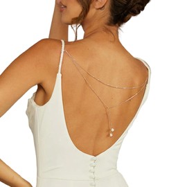 Simple Summer Beach Pearl Bead Back Chain for Backless Dress Bridal Wedding Pearl Backdrop Festival Body Chain Jewelry for Women (Silver)