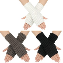Bencailor 3 Pairs Fingerless Gloves Winter Warm Fingerless Mittens Knit Crochet Arm Warmers with Thumb Hole for Women Lady Open Fingers(Black, White, Grey)