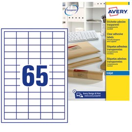 Avery J8551-25 Mini Labels for Inkjet Printers (38.1 x 21.2 mm Labels, 65 Labels Per A4 Sheet, 25 Sheets) - Clear
